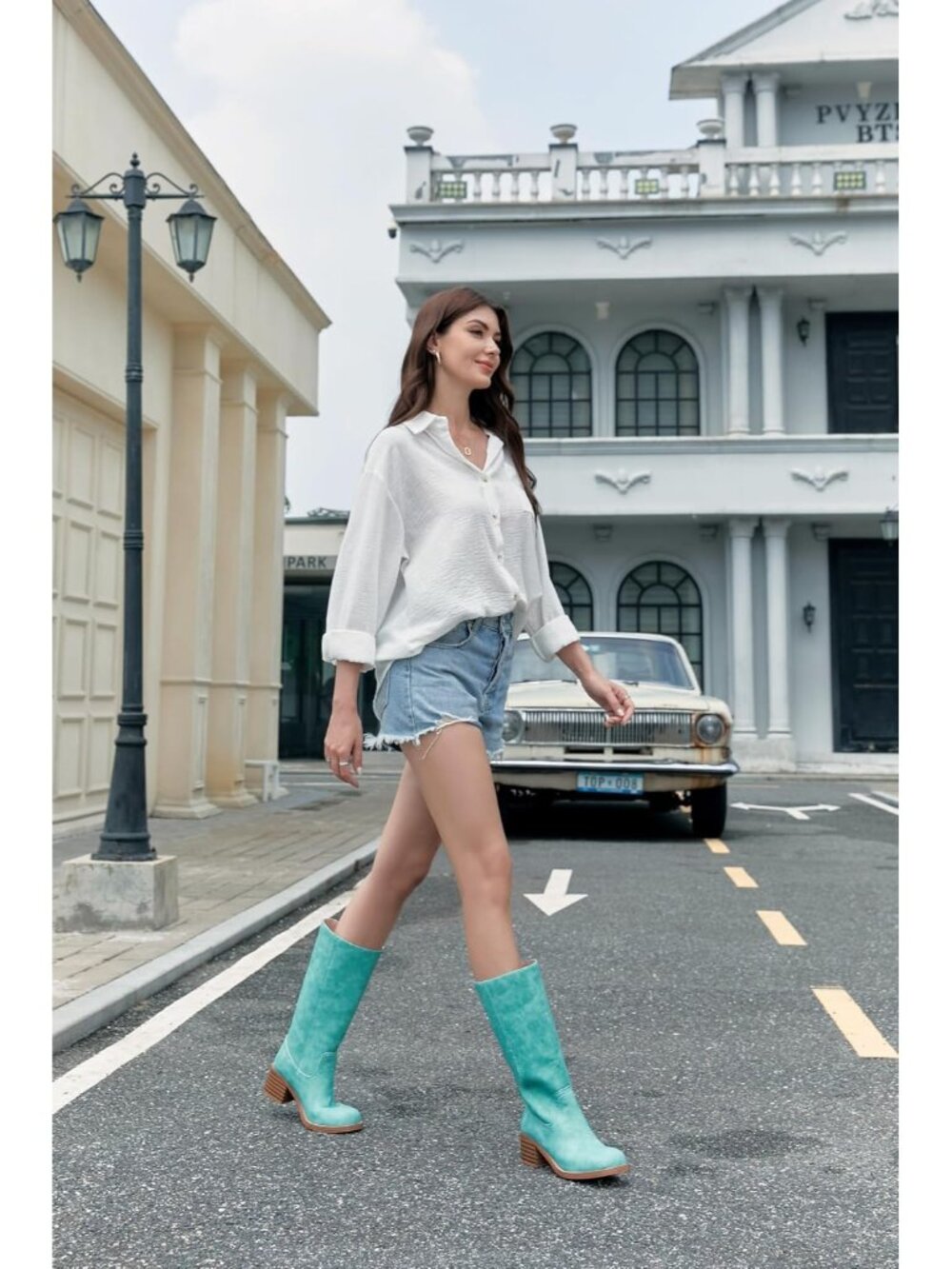 Women's Turquoise Comfortable Low Heel Square Toe Casual Trendy Stylish Boots - Picture 5 of 6